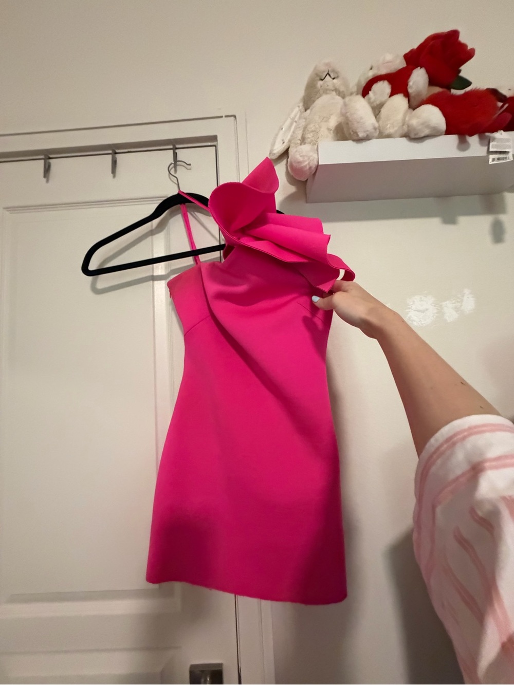 Eliza J Hot Pink One-Shoulder Scuba Crepe Ruffle Cocktail Mini Dress
